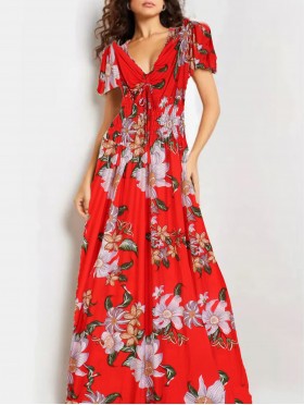 Floral V -Neck Short Sleeved Summer Dress